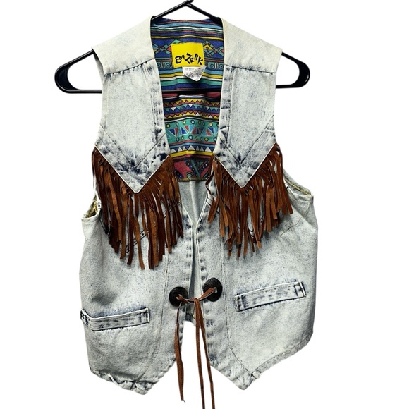 Western 80’s Stone Washed Fringe Denim Vest by Bazerk Medium - Picture 2 of 16